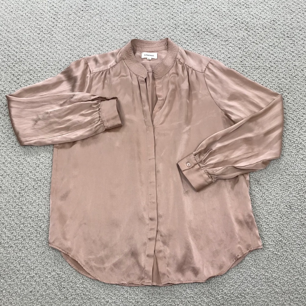 L'AGENCE Silk Blouse Dusty Rose Pink Split V-Neck Satin Top Size Medium - Picture 2 of 8